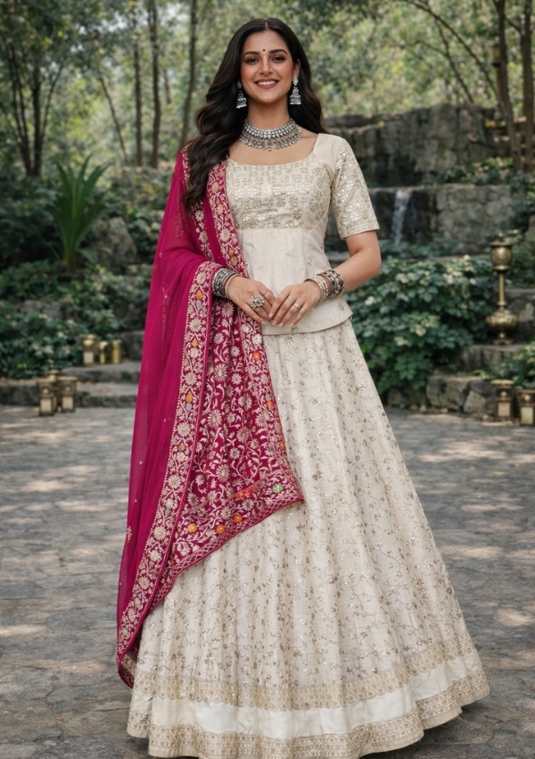 Cream Pink Embroidered Chaniya